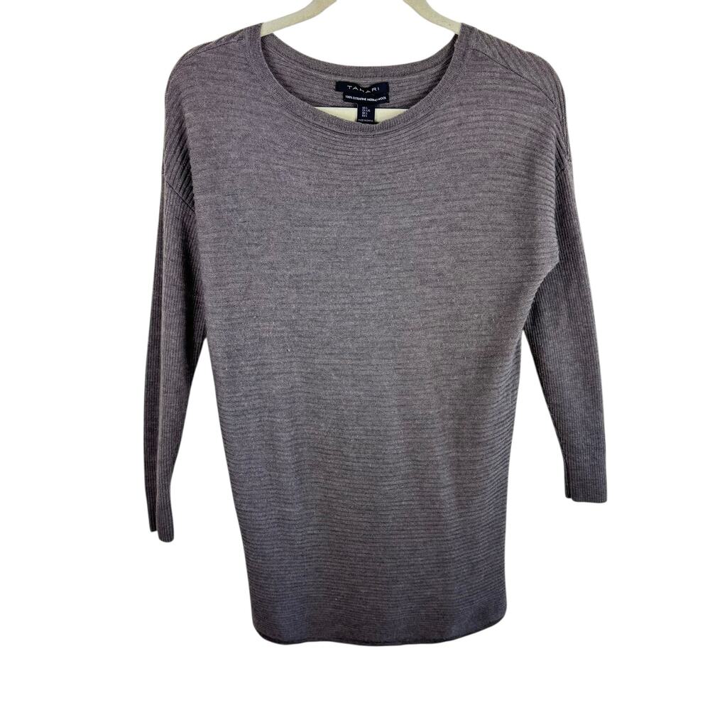 Tahari 100% Extra Fine Merino Wool Light Brown Ribbed Knit Lightweight Sweater L